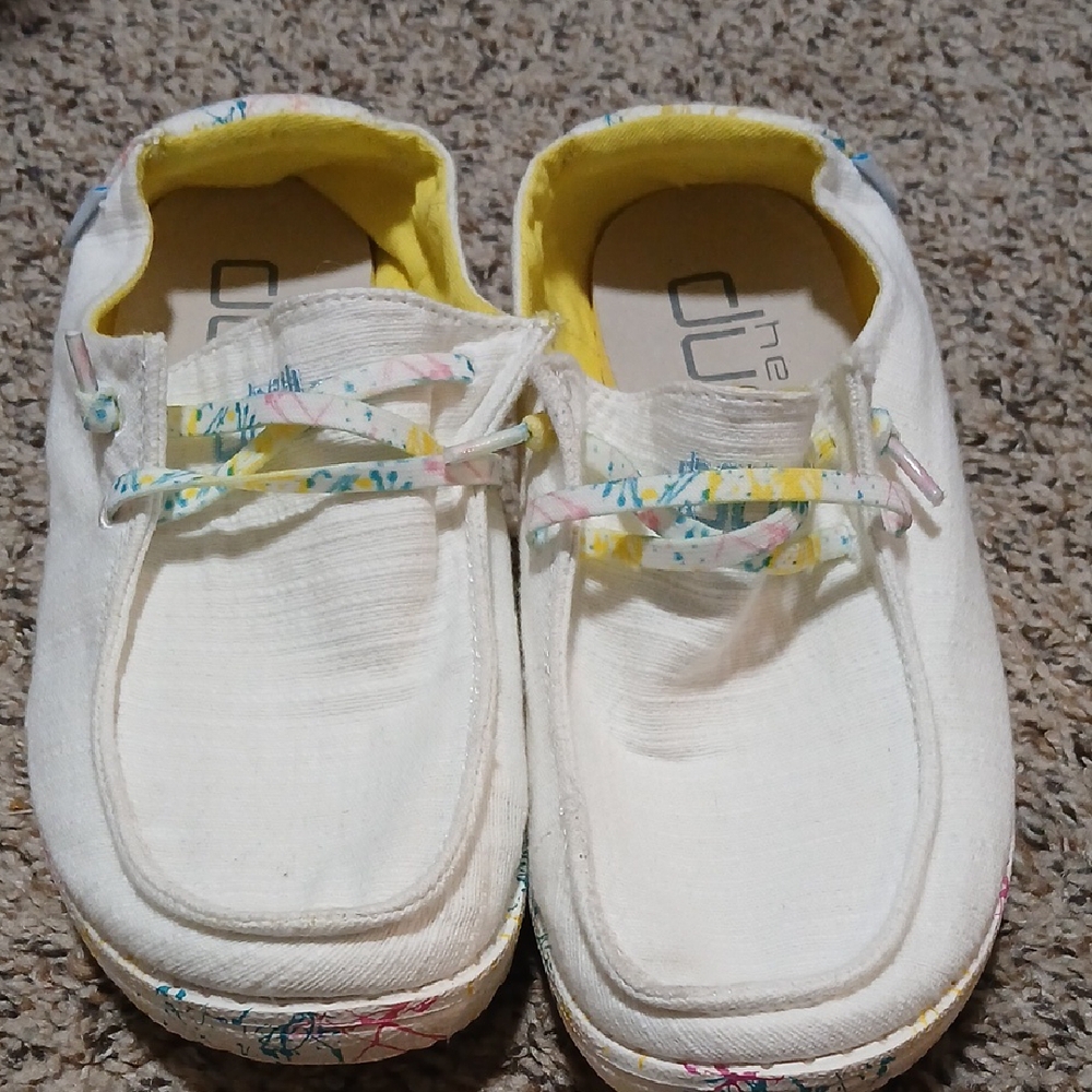 Hey Dude Kids White and Yellow Moccasins